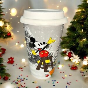 Disney Christmas Mickey & Minnie Ceramic Travel Coffee Cup with Rubber Lid